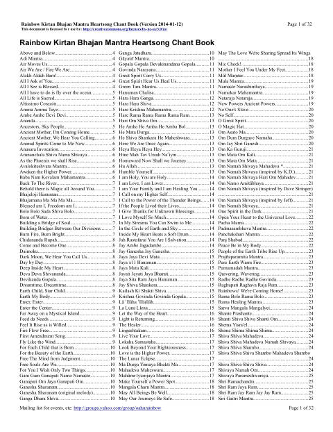 First page of Rainbow Kirtan chant book