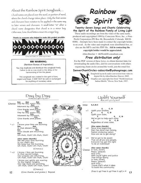 First page of Rainbow Spirit songs